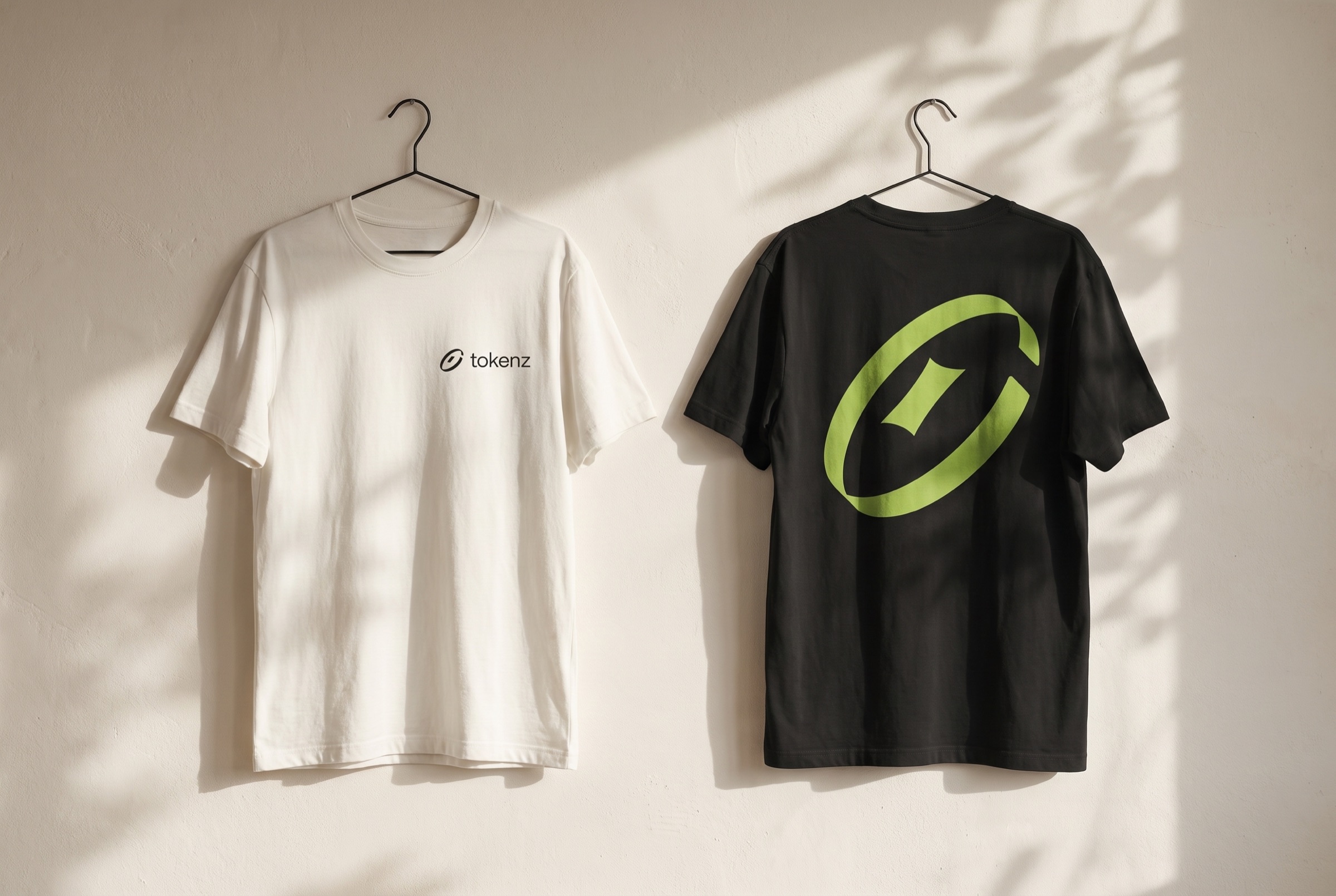 Two t-shirts on hangers: white with a small chest lockup, Night with a large olive symbol on the back