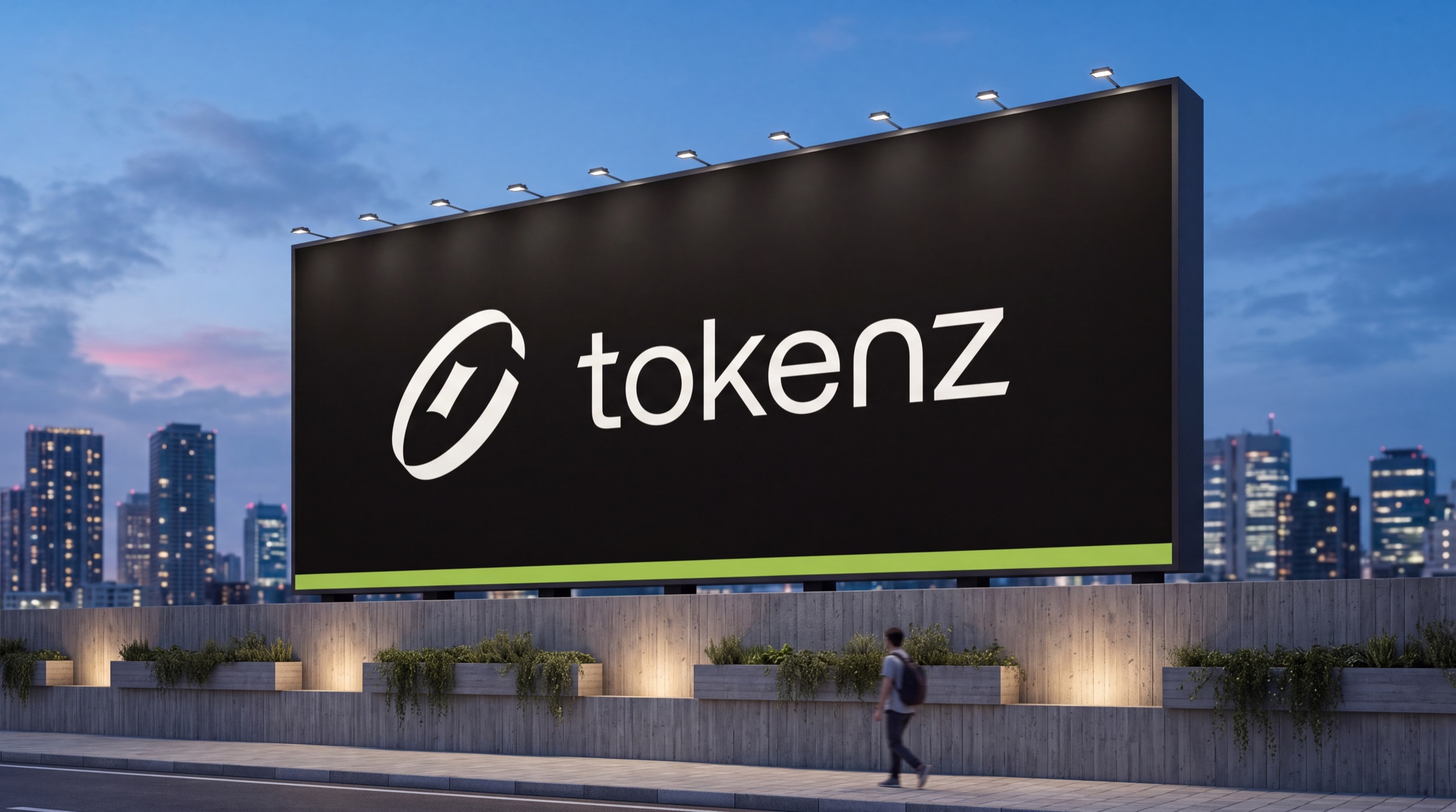 Large billboard at dusk with the Stone Tokenz lockup on Night and a thin Olive band, Tokyo towers behind