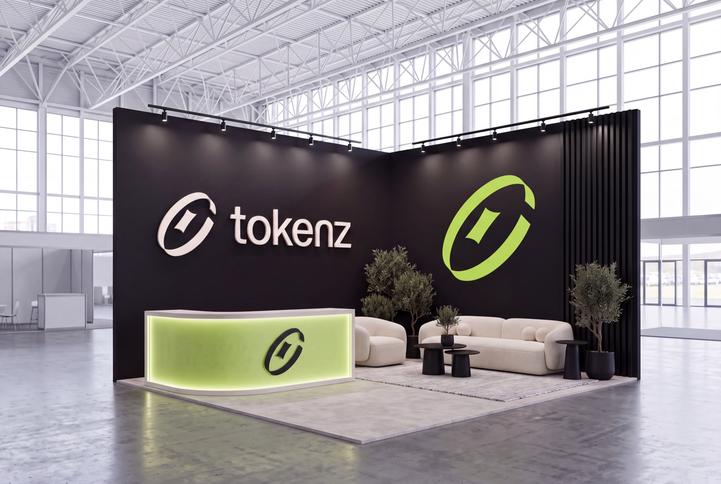 Exhibition booth with Night walls, a Stone lockup, a very large Olive symbol and a backlit Olive reception counter
