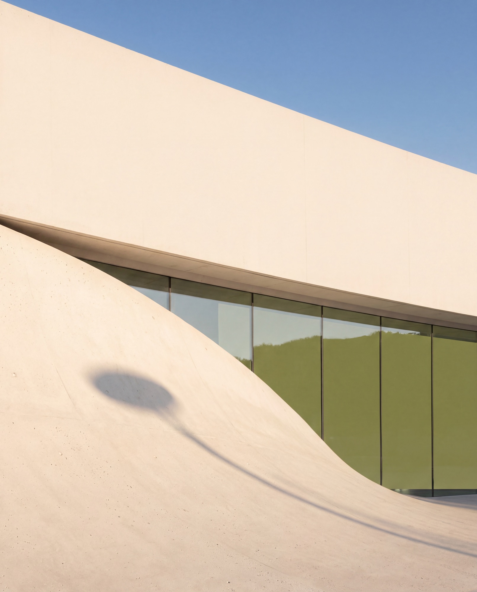 Curved pale concrete facade under a blue sky