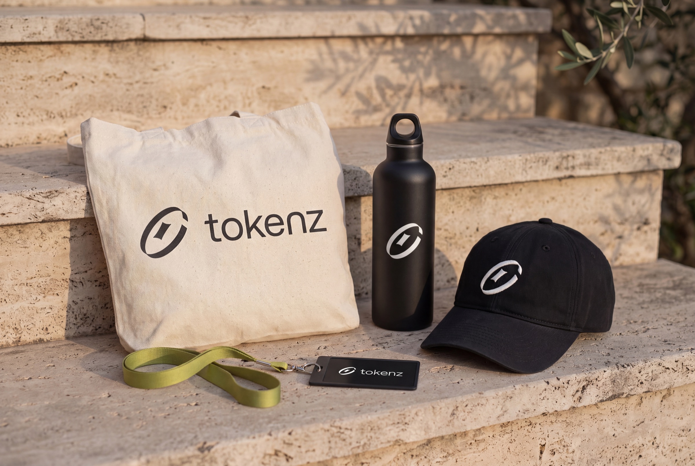 Canvas tote with the lockup, Night bottle and cap with the symbol, olive lanyard with a badge