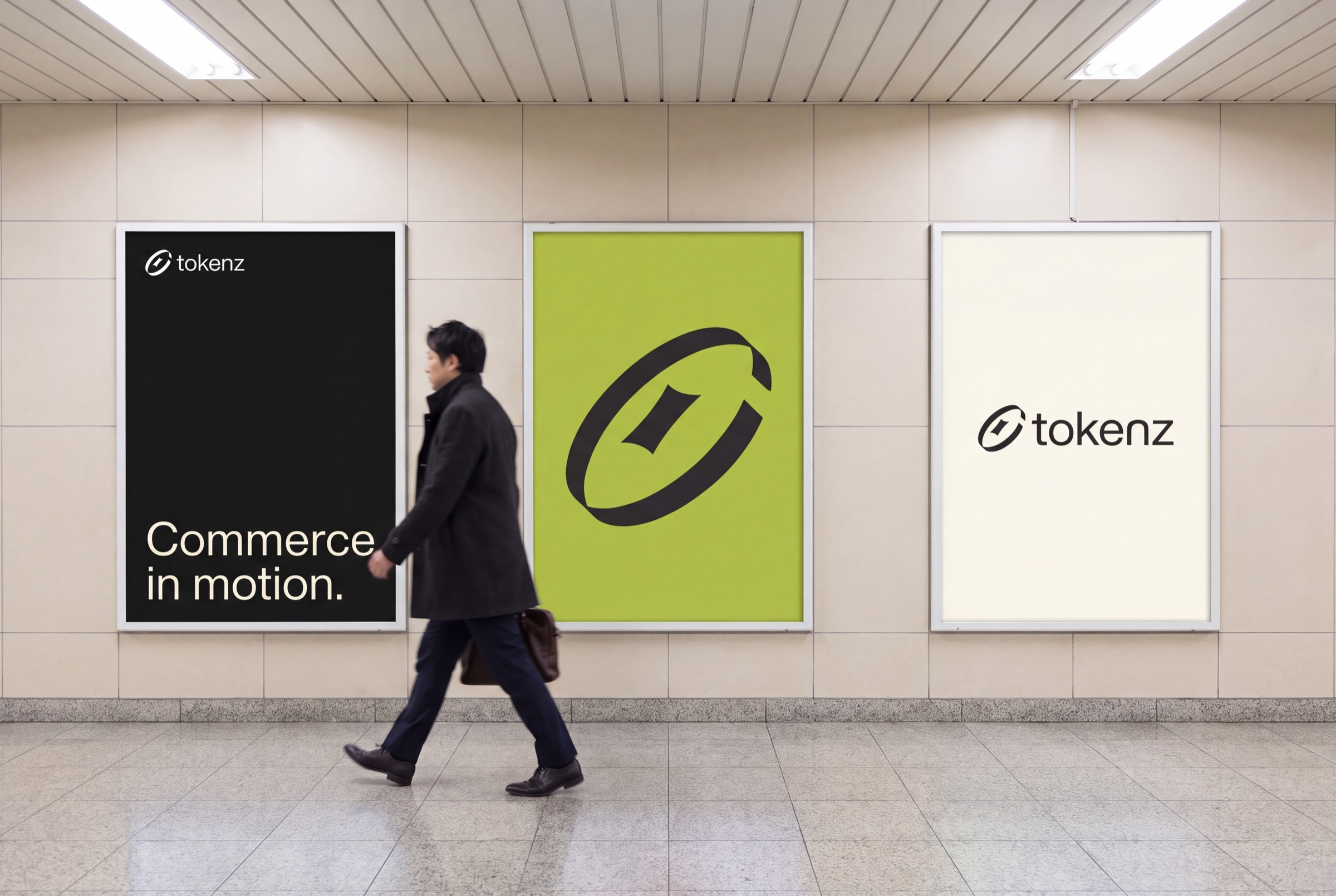 Three posters in a subway corridor: Night with headline, Olive with a large symbol, Stone with the lockup
